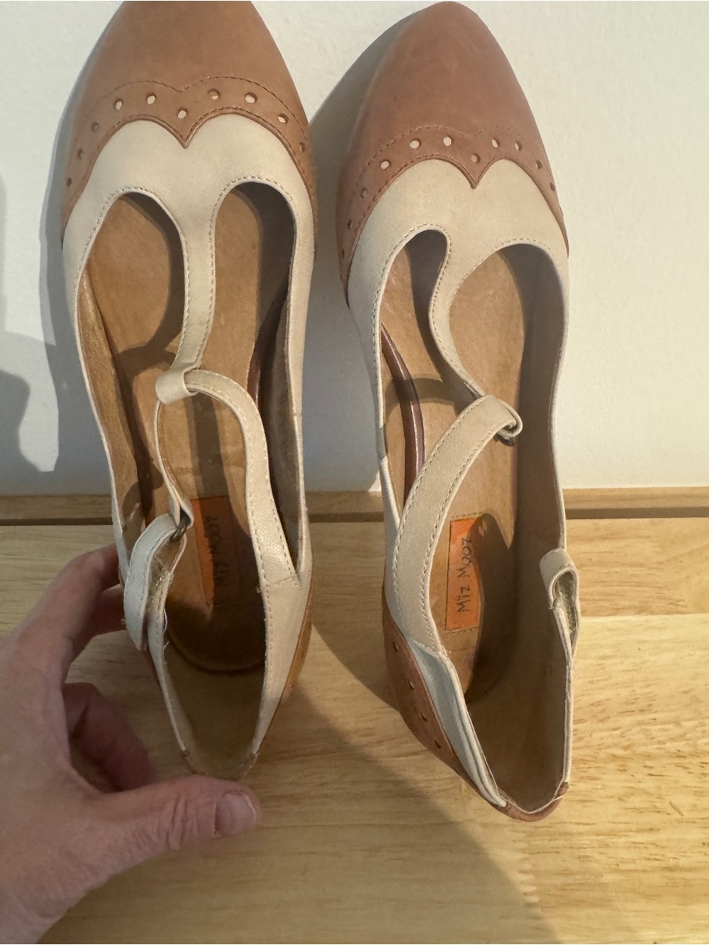 Miz Mooz Two-Tone T-Strap Flats in Tan and Cream